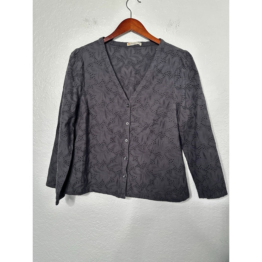 MARINE LAYER Eyelete Peasant Colette Bell Sleeve Womens Blouse Top Sz M Charcoal